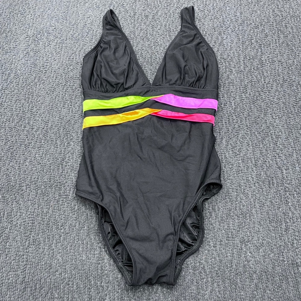 Longitude Womens Black Neon Colorblock One Piece Swimsuit Tummy Control Size‎ 10